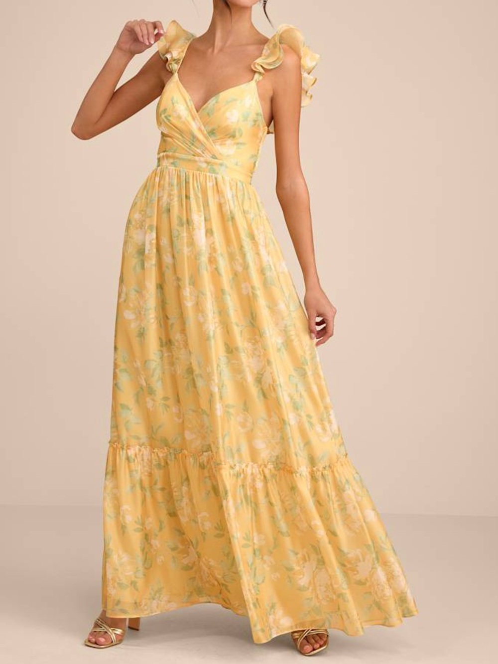 Lulu’s Soiree Perfection Yellow Floral Ruffled Tiered Maxi Dress XL NWT